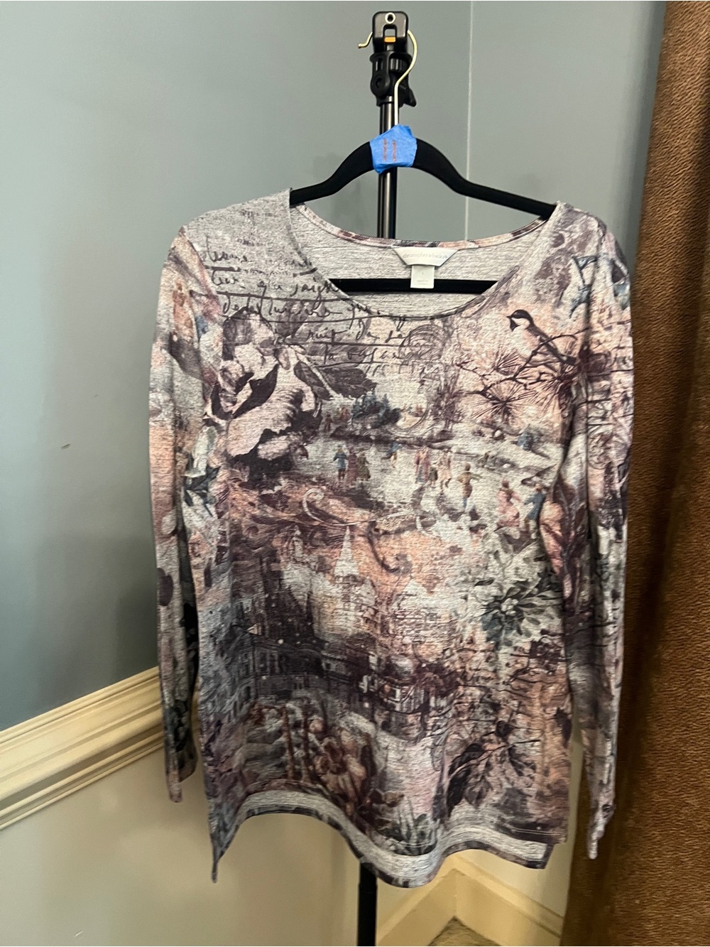 Christopher & Banks Long-Sleeve Scenic Print Tee - Light Gray & Dusty Rose